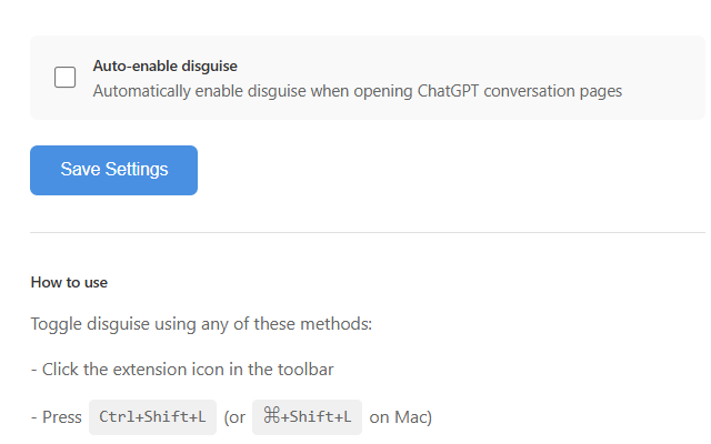 HideMyGPT extension settings panel